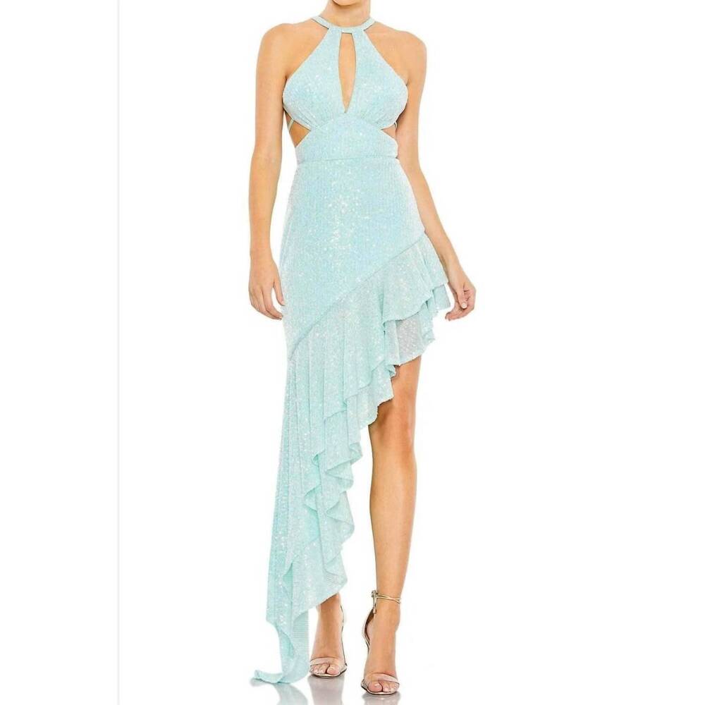 NEW MAC DUGGAL sequined halter cut out ruffle asymmetrical dress gown in aqua